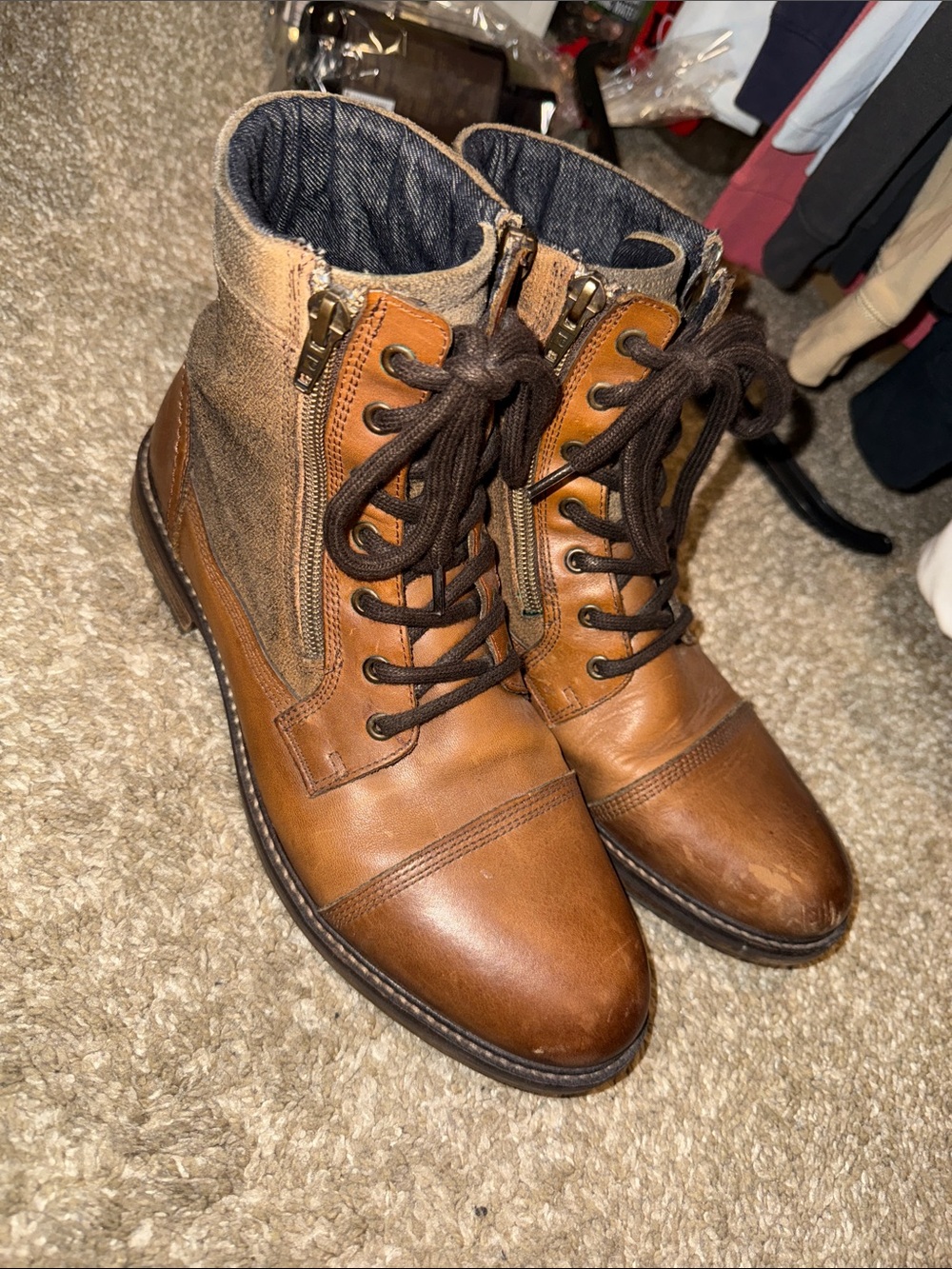 Aldo Tan Brown Leather Lace-Up Ankle Boots with Side Zipper